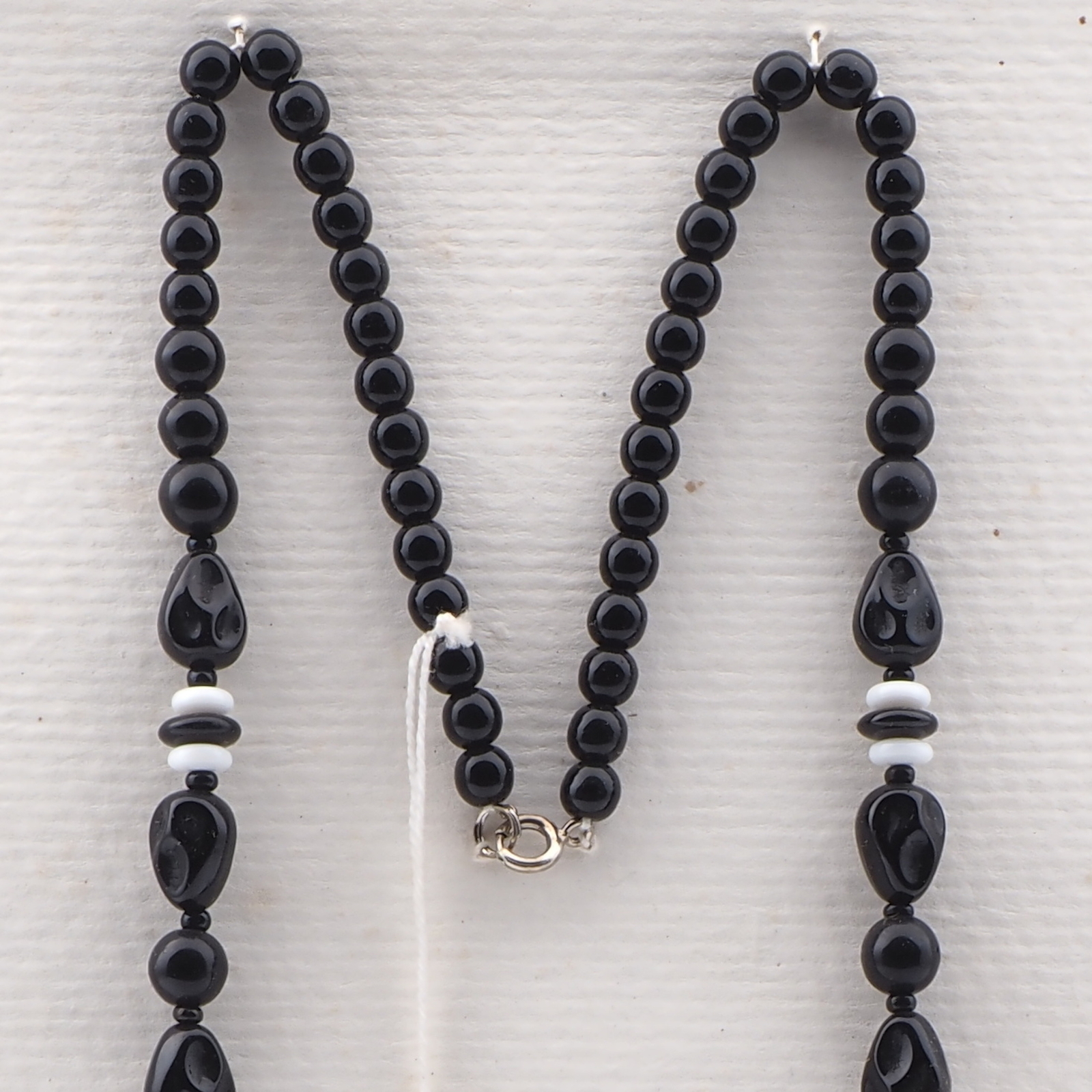 Vintage Czech necklace black white triangle rondelle glass beads 22"