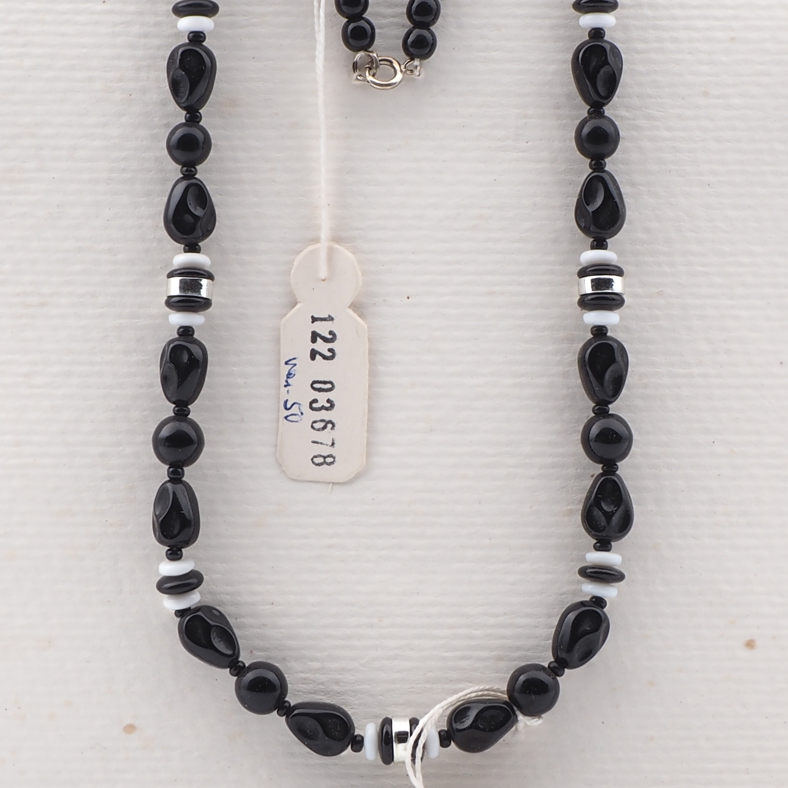 Vintage Czech necklace black white triangle rondelle glass beads 22"