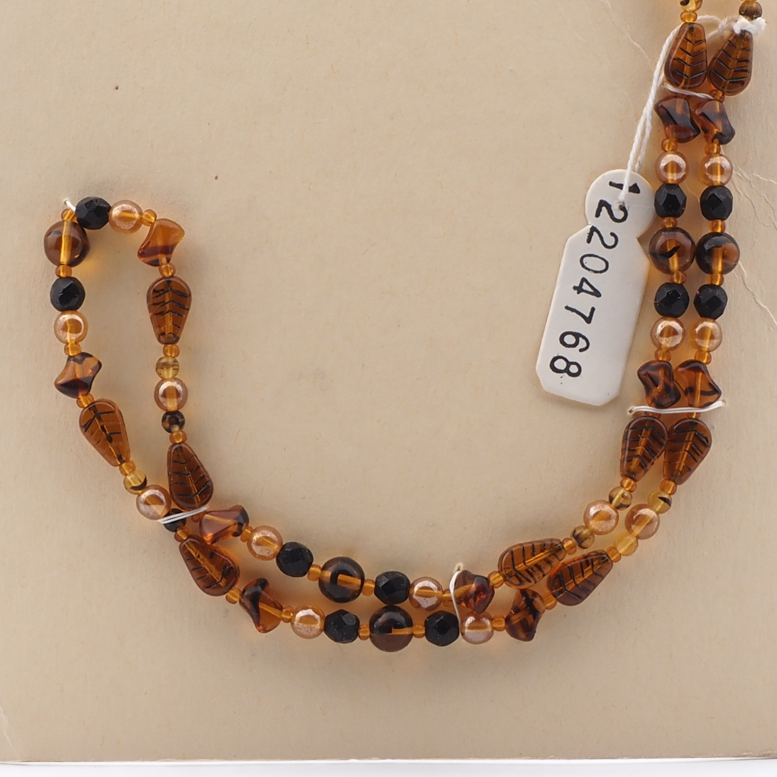 Vintage Czech necklace topaz tortoise lustre black glass beads 24"