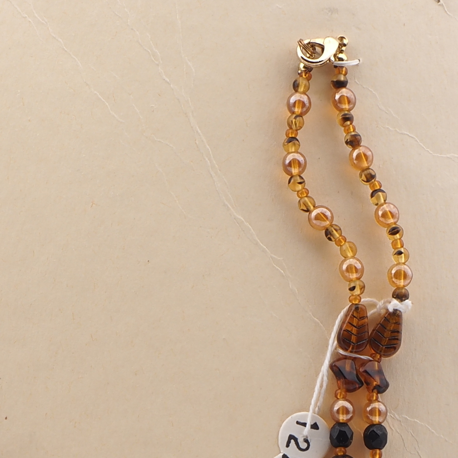 Vintage Czech necklace topaz tortoise lustre black glass beads 24"