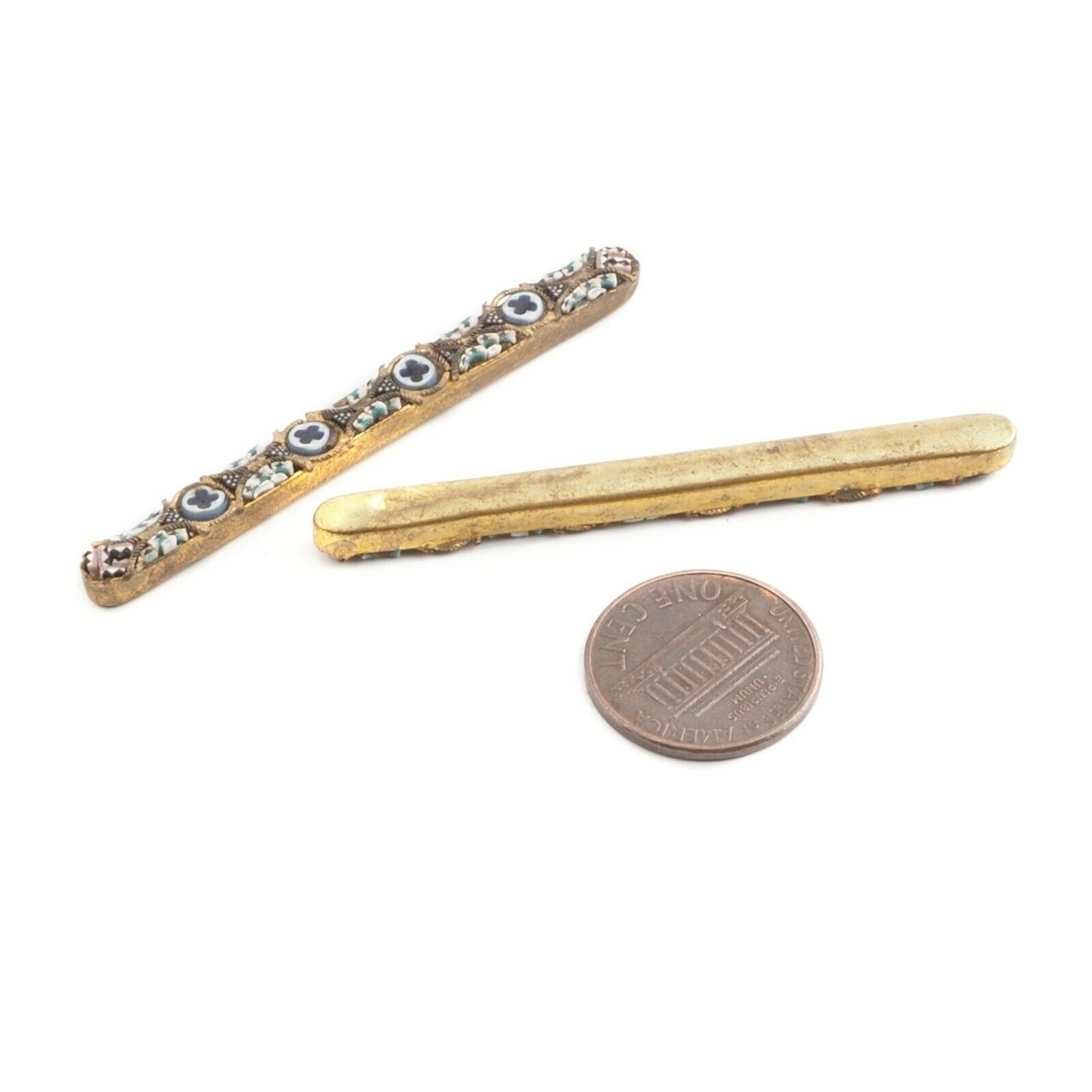 Lot (2) rare antique ultra Micro Mosaic Millefiori glass brass mounted jewelry elements 58x5mm