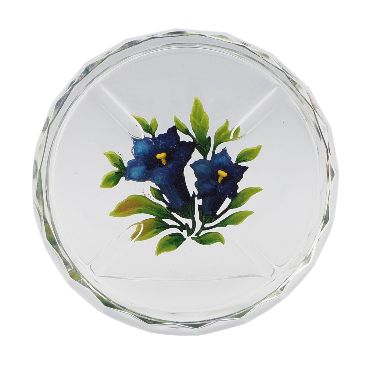 Art Deco Czech intaglio hand painted gentian flowers crystal glass dish ashtray Heinrich Hoffmann