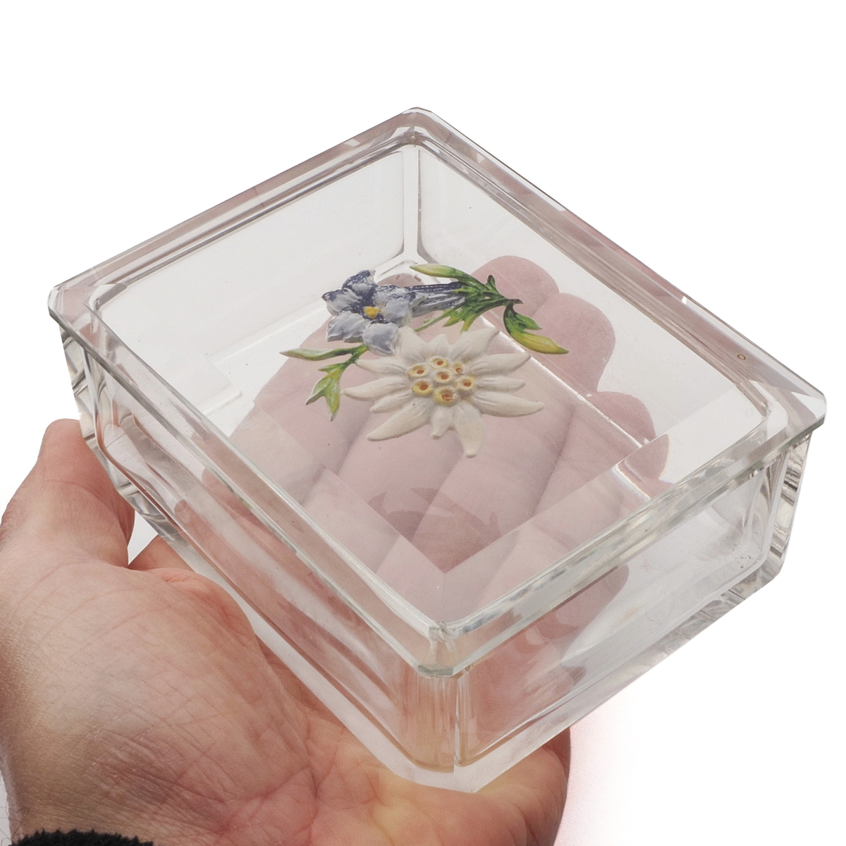 Art Deco Czech intaglio hand painted Gentian Edelweiss flowers crystal glass box Heinrich Hoffmann
