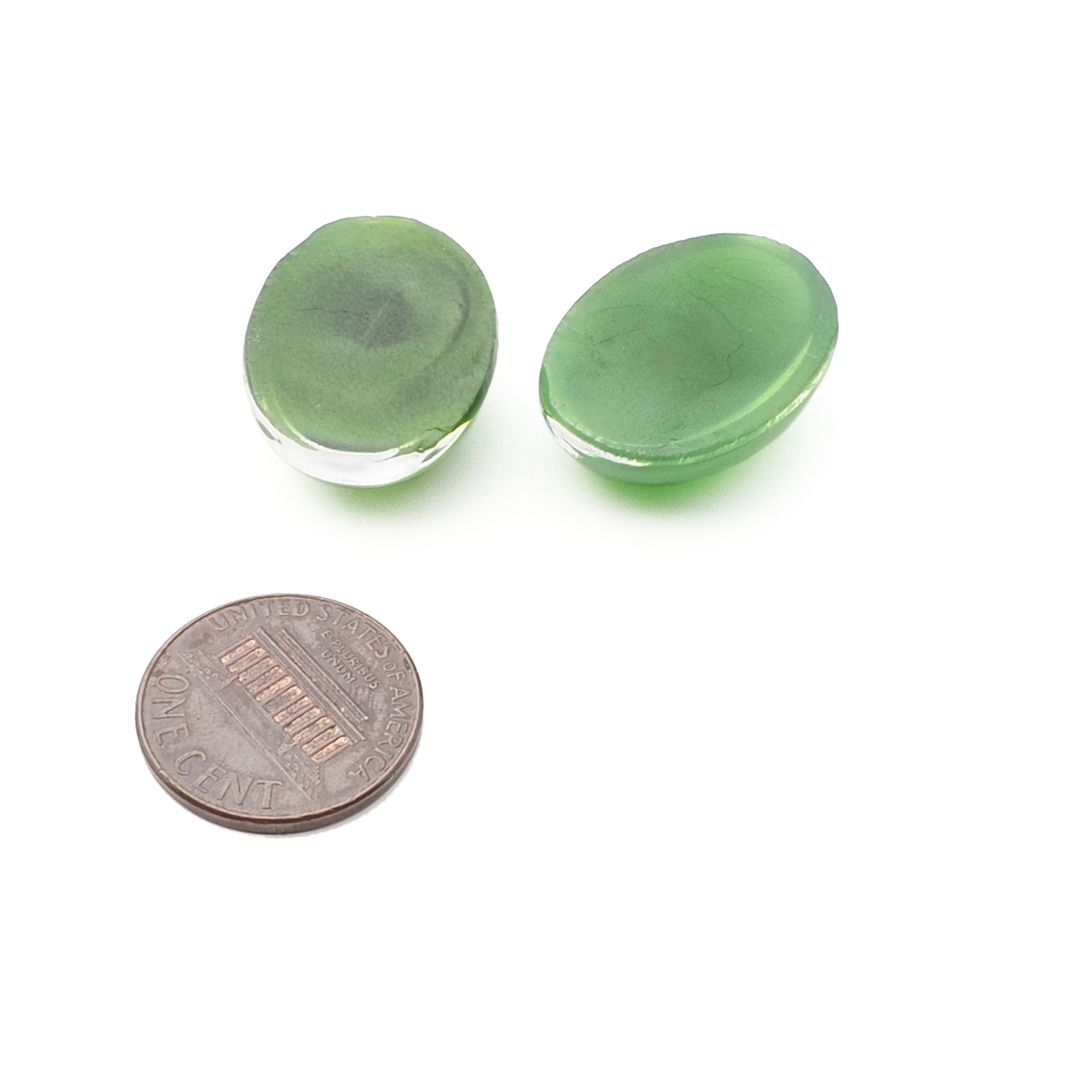 Lot (2) Vintage Czech green satin moonglow oval glass cabochons 25x18mm