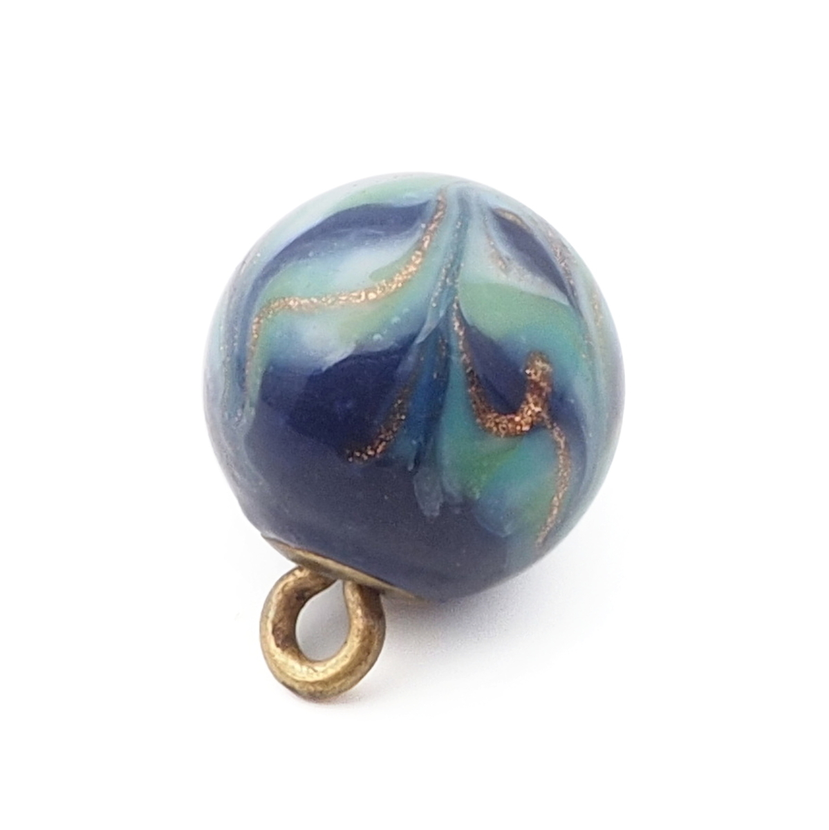 Antique Czech blue satin aventurine gold swirl micro lampwork ball glass button 12mm