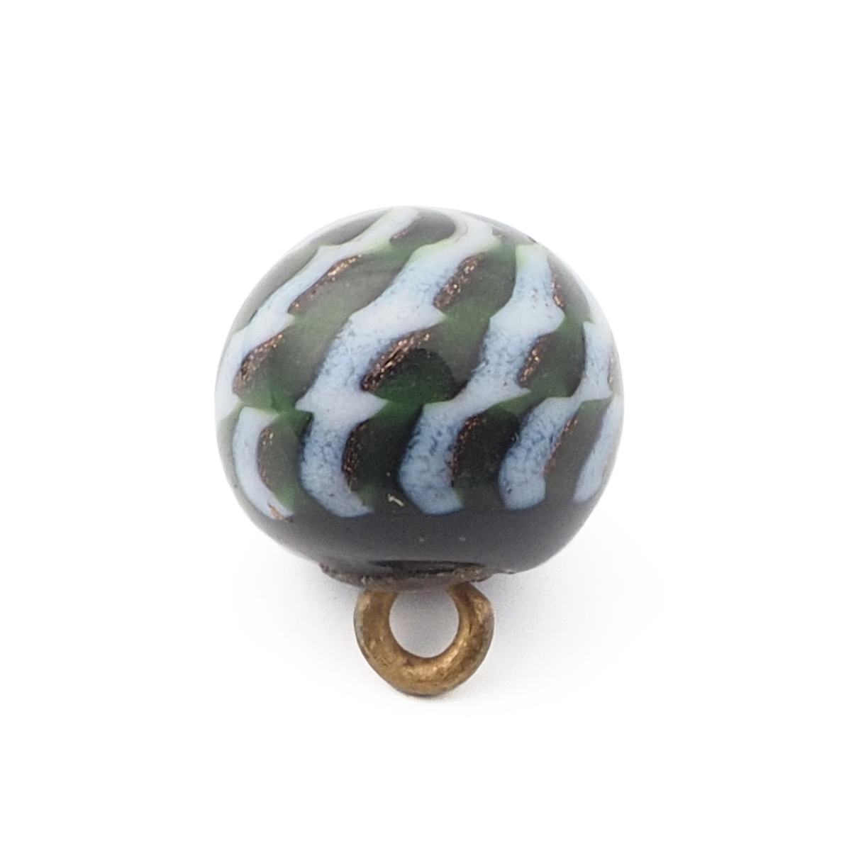 Antique Czech white green aventurine gold swirl micro lampwork ball glass button 13mm