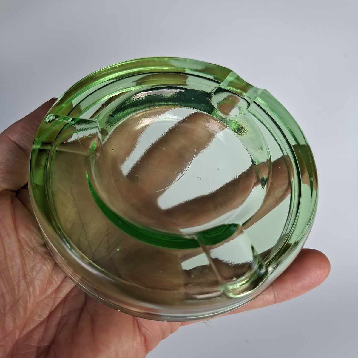 Vintage Czech uranium green depression glass ashtray