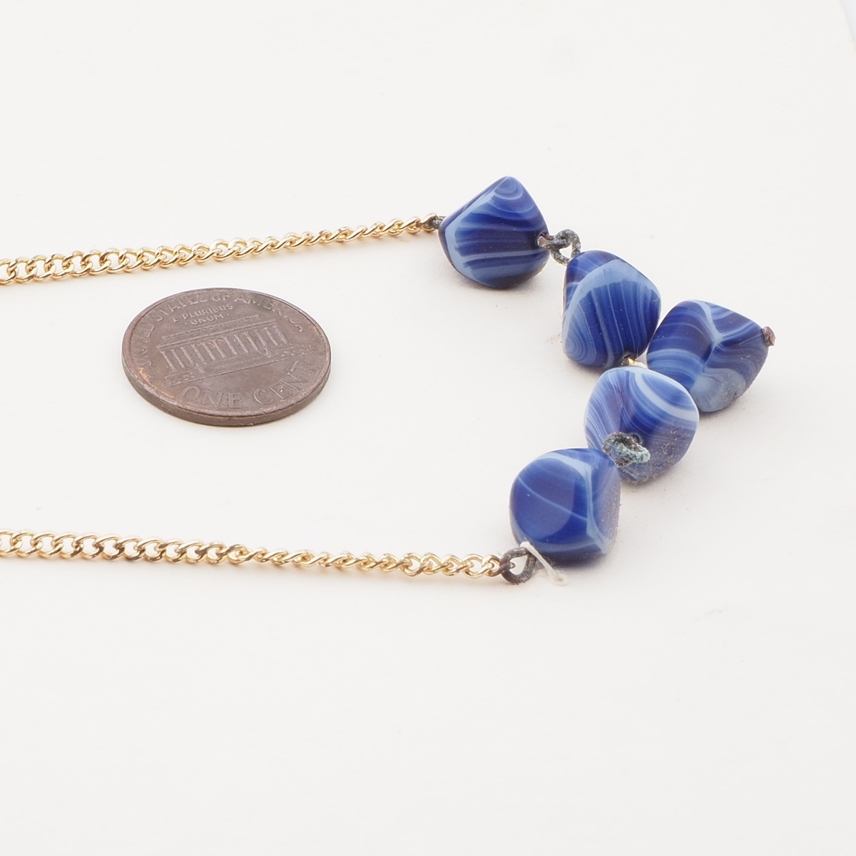 Vintage Czech gold link chain necklace blue marble glass beads 15"