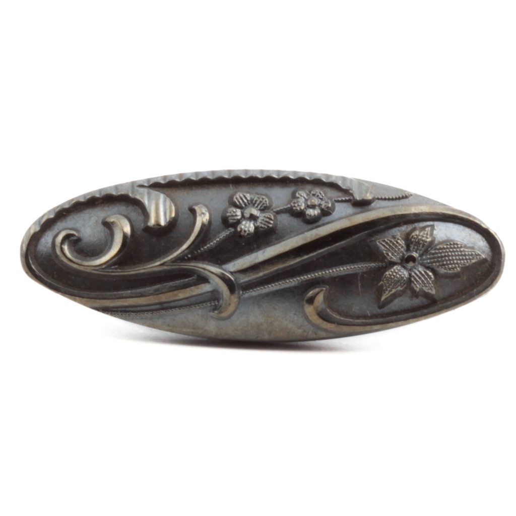 Antique Art Nouveau Czech pewter lustre oval black flower glass button 27mm