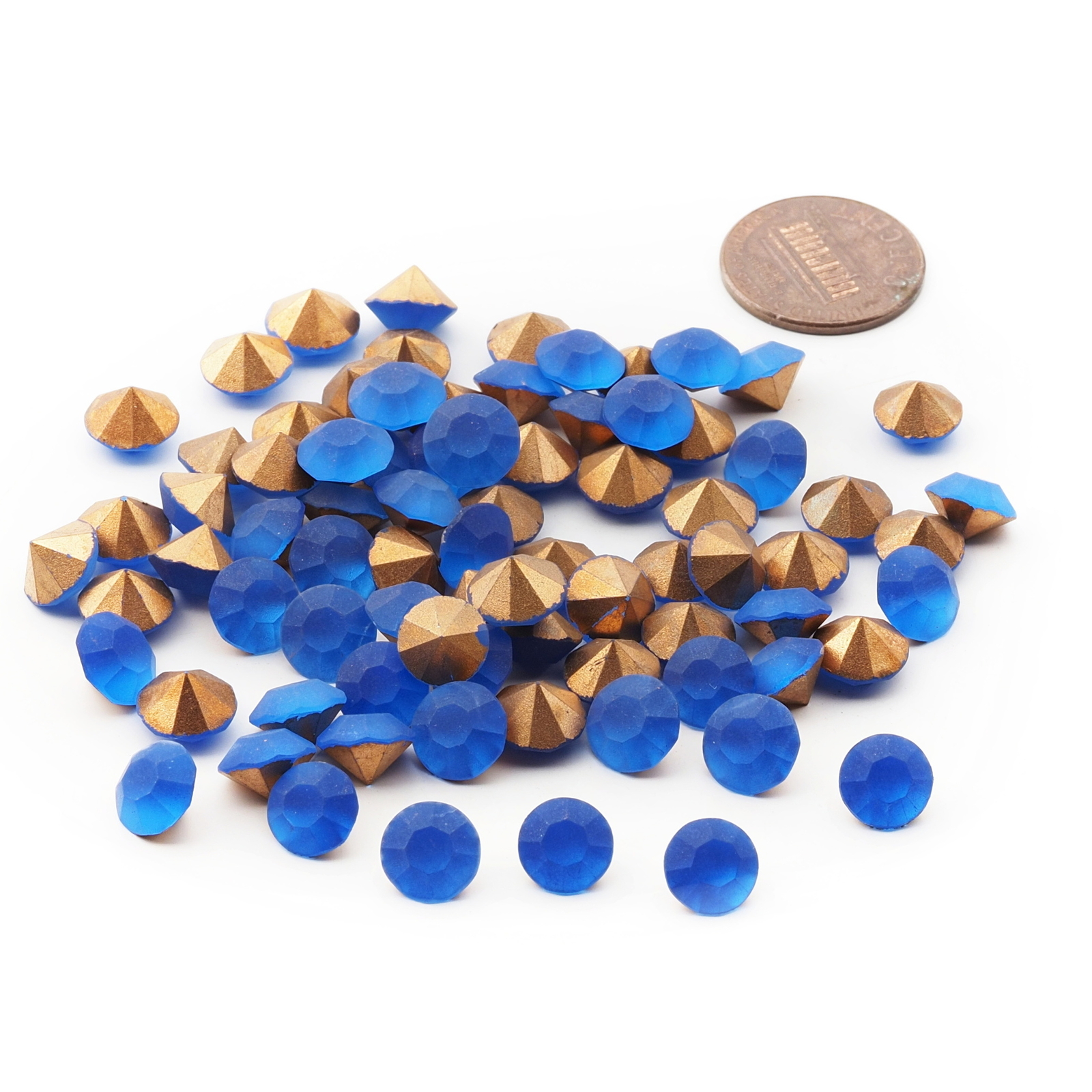 Lot (90) Czech vintage foiled round frost blue glass rhinestones 8mm