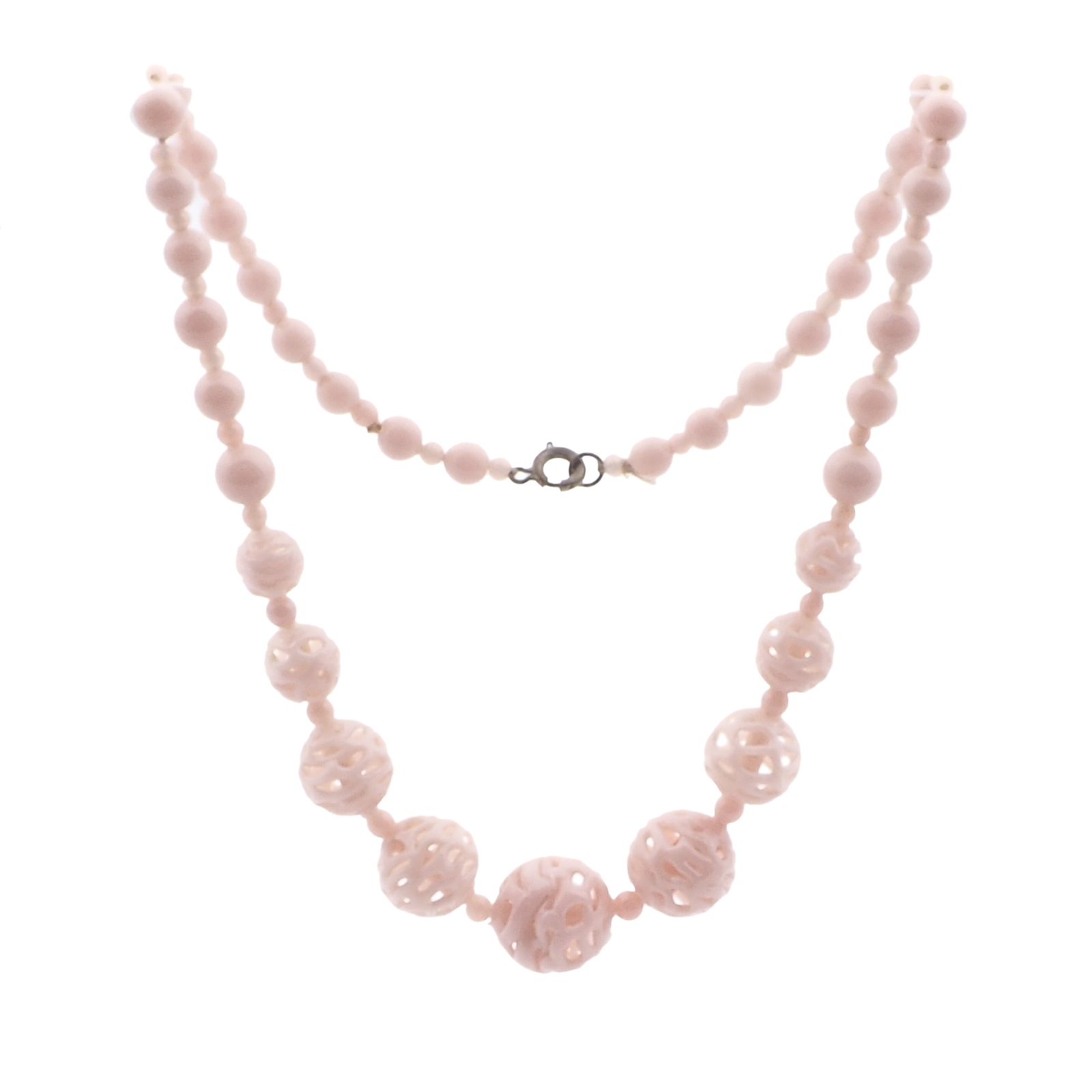 Vintage Deco Czech necklace lampwork hollow hand spun lattice pink glass beads