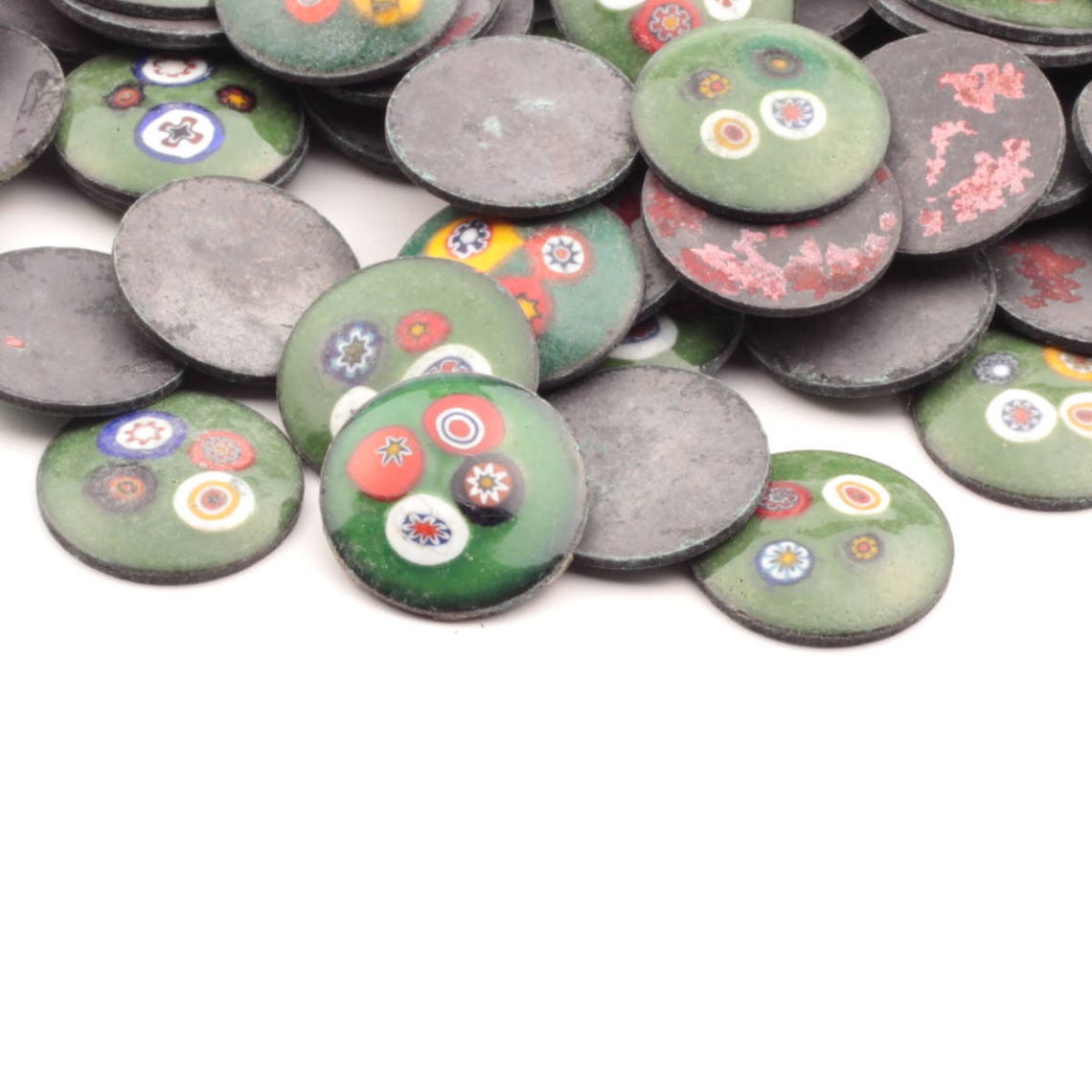 Vintage Czech lampwork millefiori green glass metal round cabochon 18mm (1 piece)
