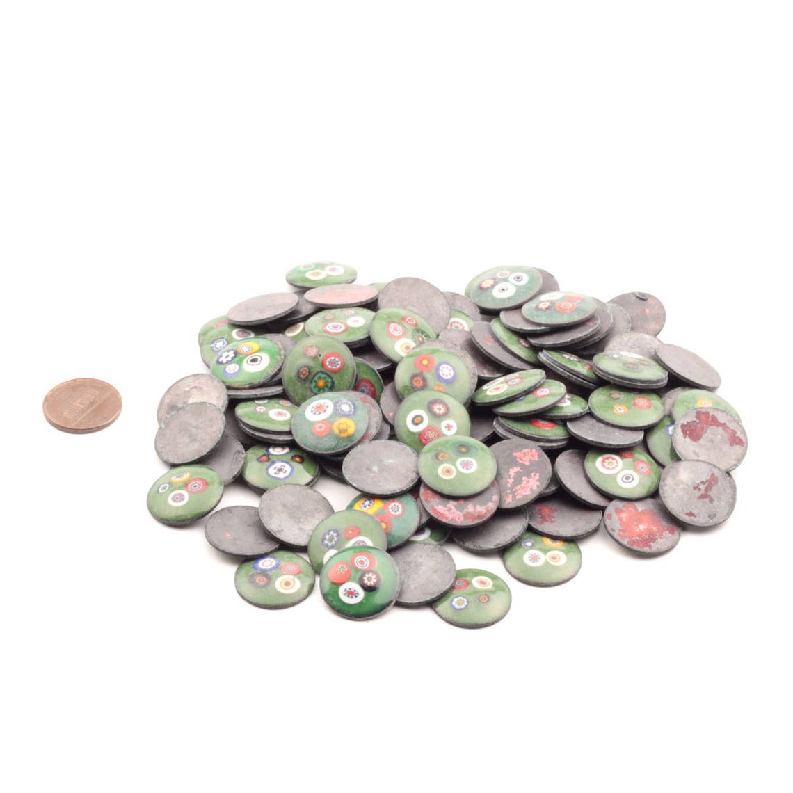 Vintage Czech lampwork millefiori green glass metal round cabochon 18mm (1 piece)
