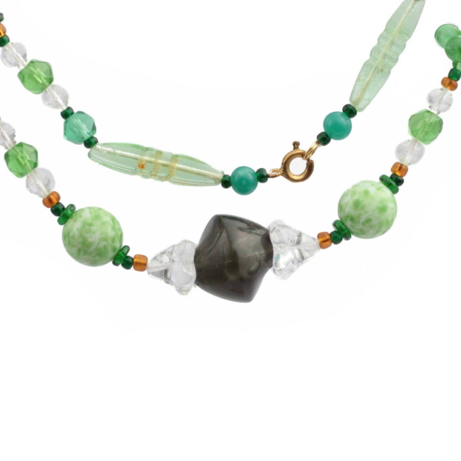 Vintage Czech necklace green marble clear flower English cut rainbow bicolor glass beads