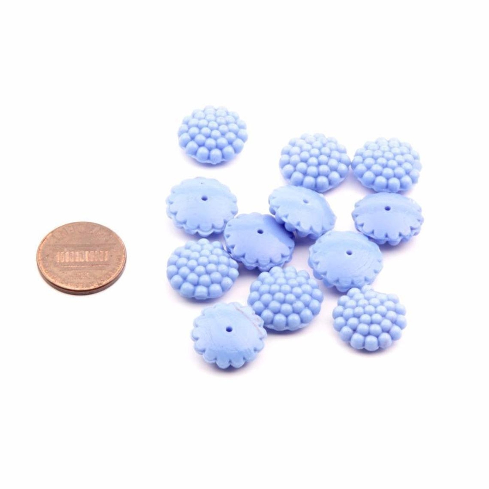 Lot (12) Czech Art Deco blue flower headpin glass beads shankless button elements 16mm