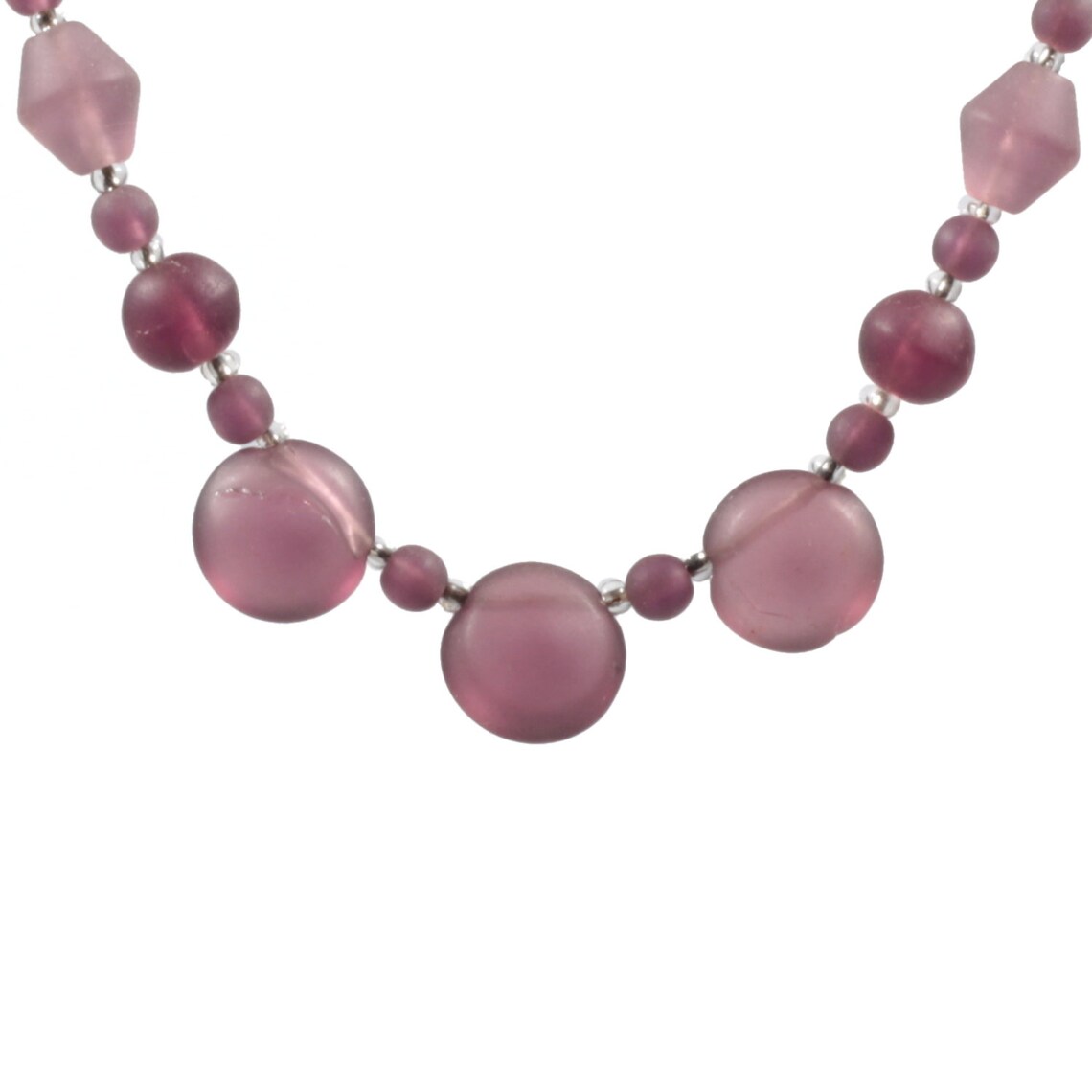 Vintage Czech necklace frost purple round pendant glass beads drops