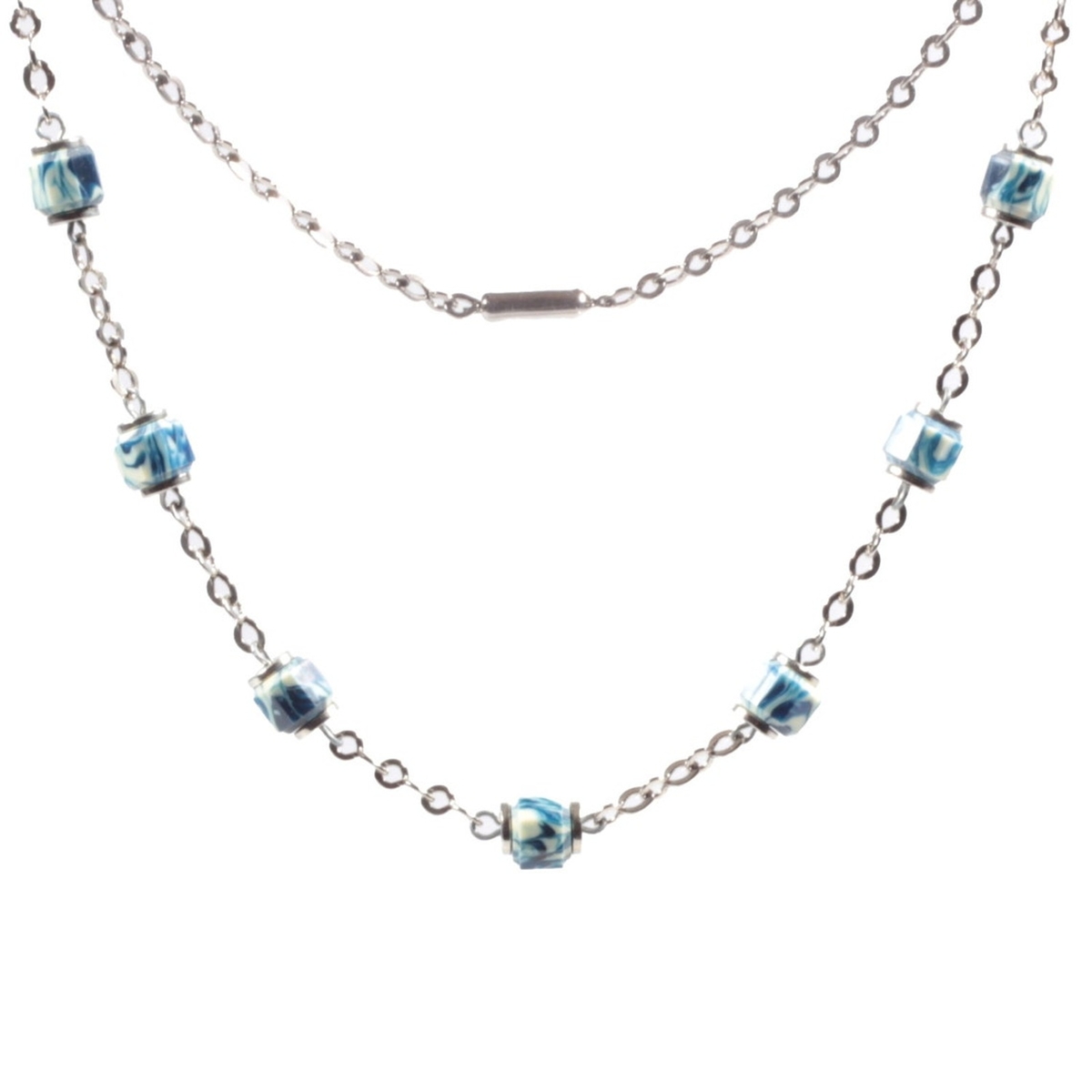 Vintage Bauhaus Art Deco chrome chain necklace galalith plastic blue marble octagon beads