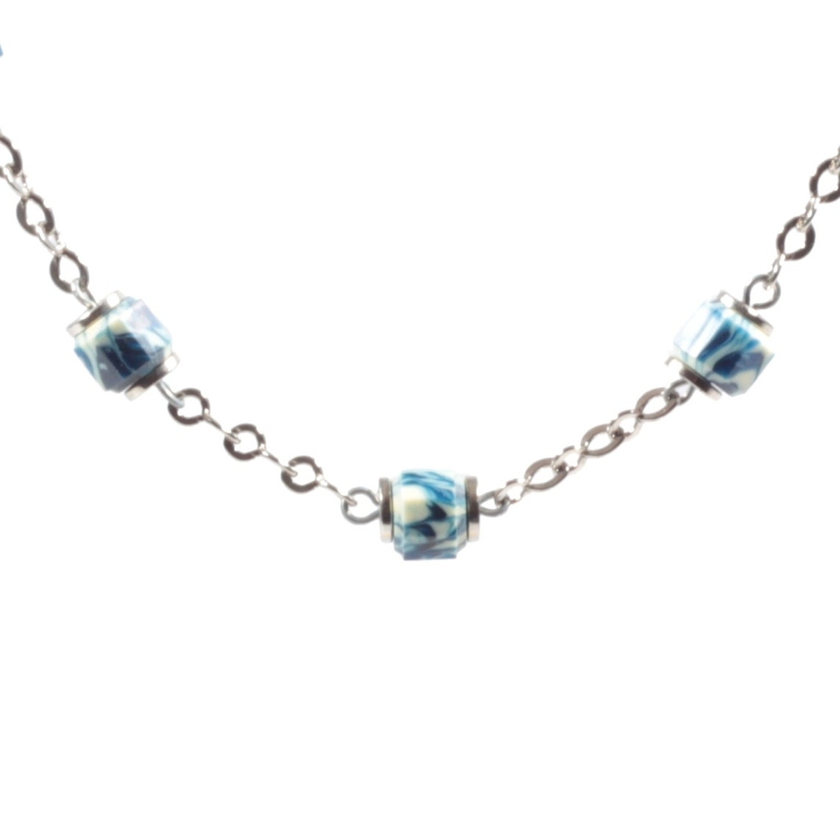 Vintage Bauhaus Art Deco chrome chain necklace galalith plastic blue marble octagon beads