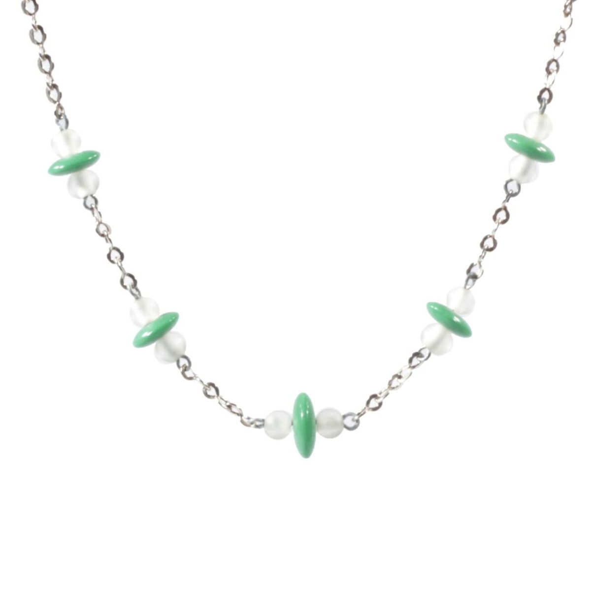Vintage Art Deco chrome chain necklace Czech green rondelle frost crystal round glass beads