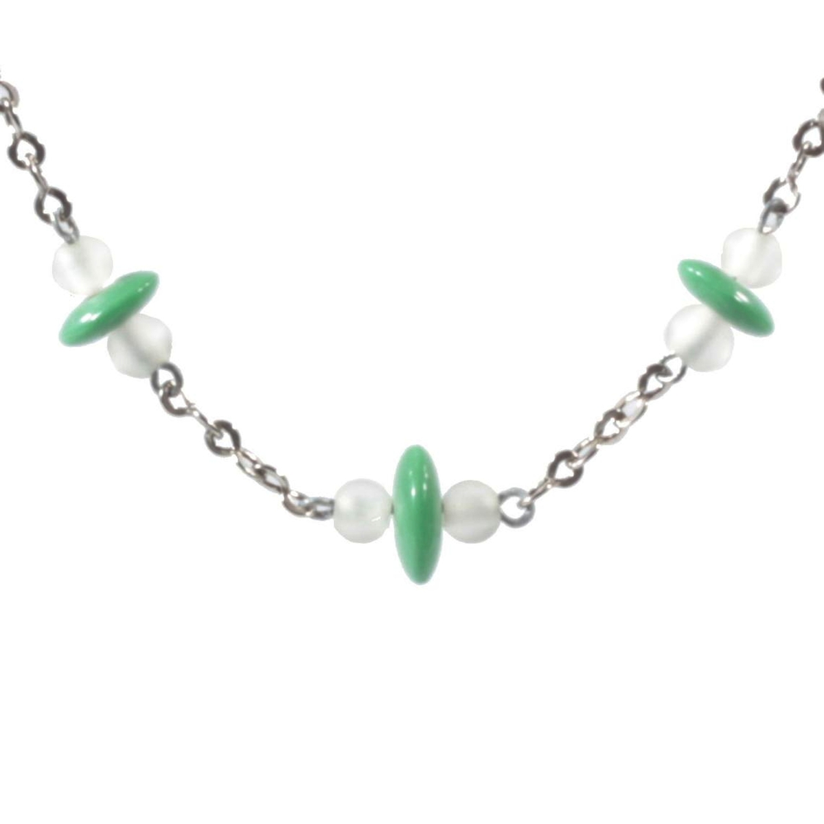 Vintage Art Deco chrome chain necklace Czech green rondelle frost crystal round glass beads