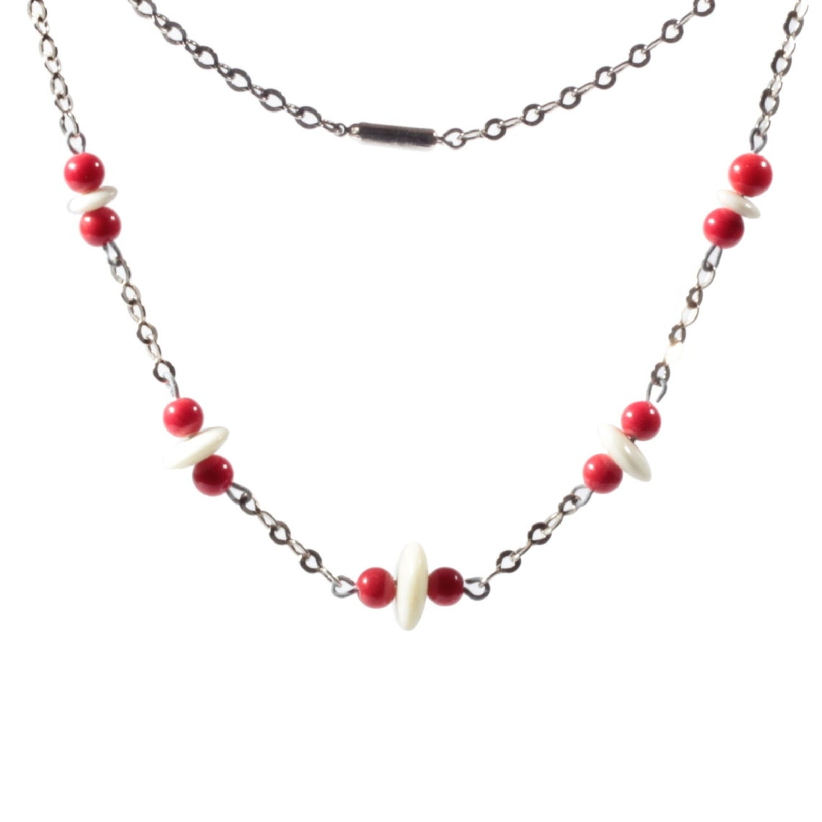 Vintage Art Deco chrome chain necklace Czech Uranium rondelle red round glass beads