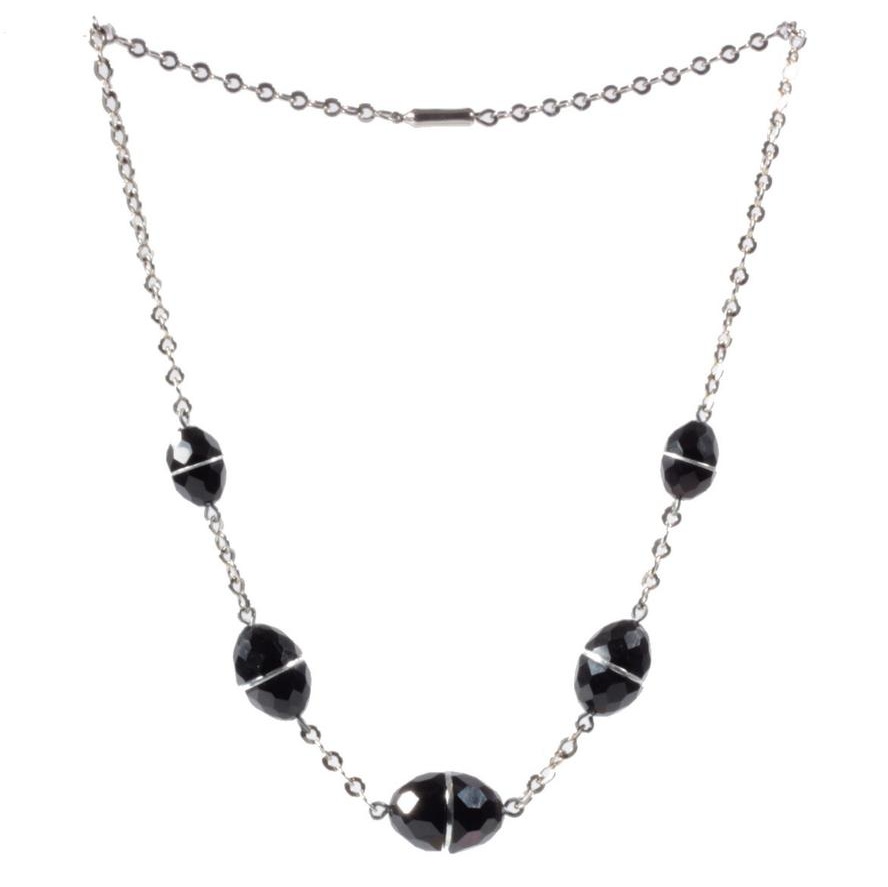 Vintage Bauhaus Art Deco chrome chain necklace galalith black cone faceted beads chrome spacers