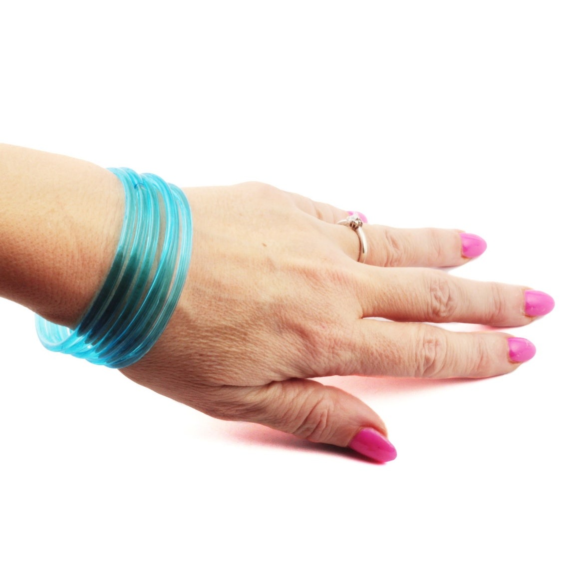 Lot (72) Antique Czech aqua blue glass bangles hoops rings 70mm