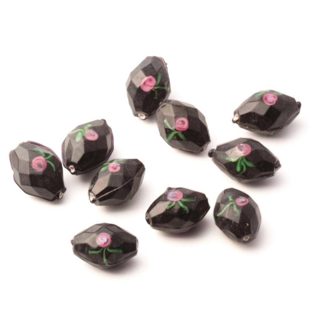 Antique 1880's Czech pink satin floral lampwork black oval faceted glass bead
