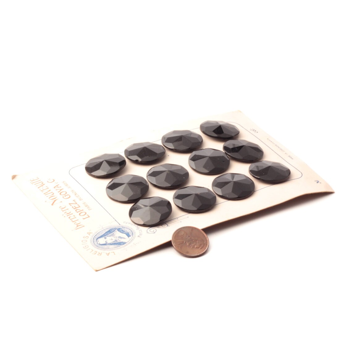 Card antique Czech black glass buttons 22mm "Derniere Nouveaute" (12)