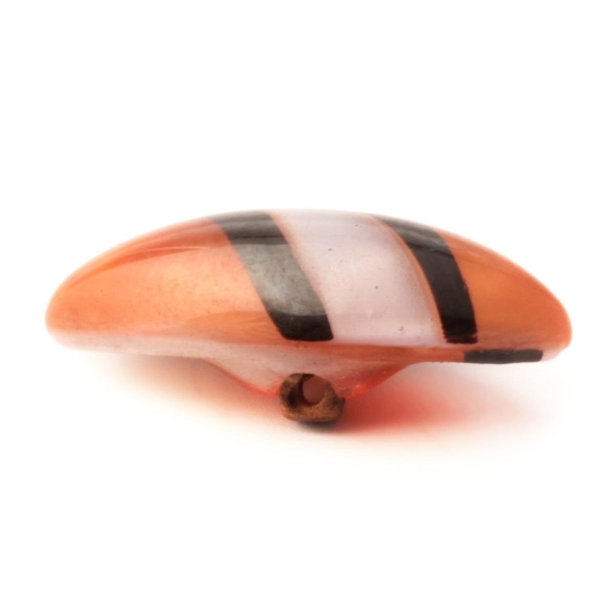 Antique Czech lampwork oval satin glass button; black coral white satin striped 20mm