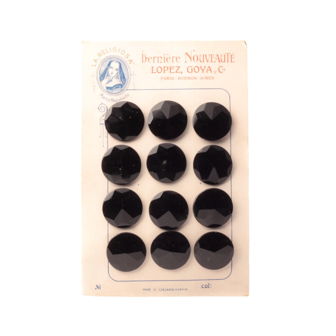 Card antique Czech black glass buttons 22mm "Derniere Nouveaute" (12)