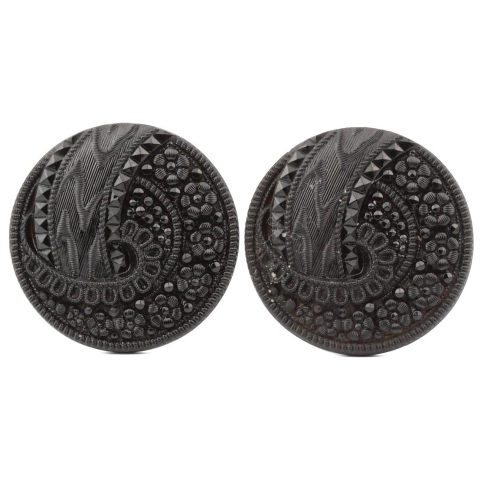 Lot (2) Antique Victorian Czech lacy floral black glass buttons 32mm
