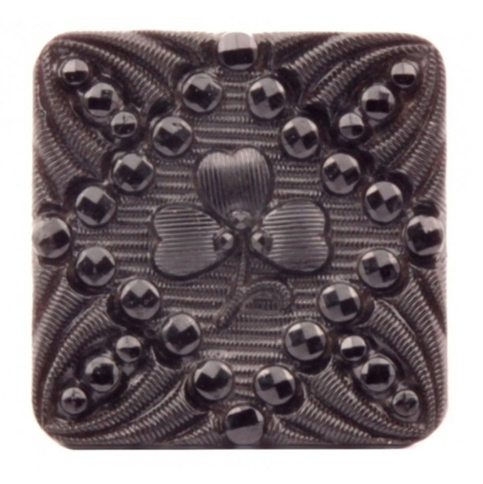 Antique Victorian Czech imitation marcasite lacy 3 leaf clover square black glass button