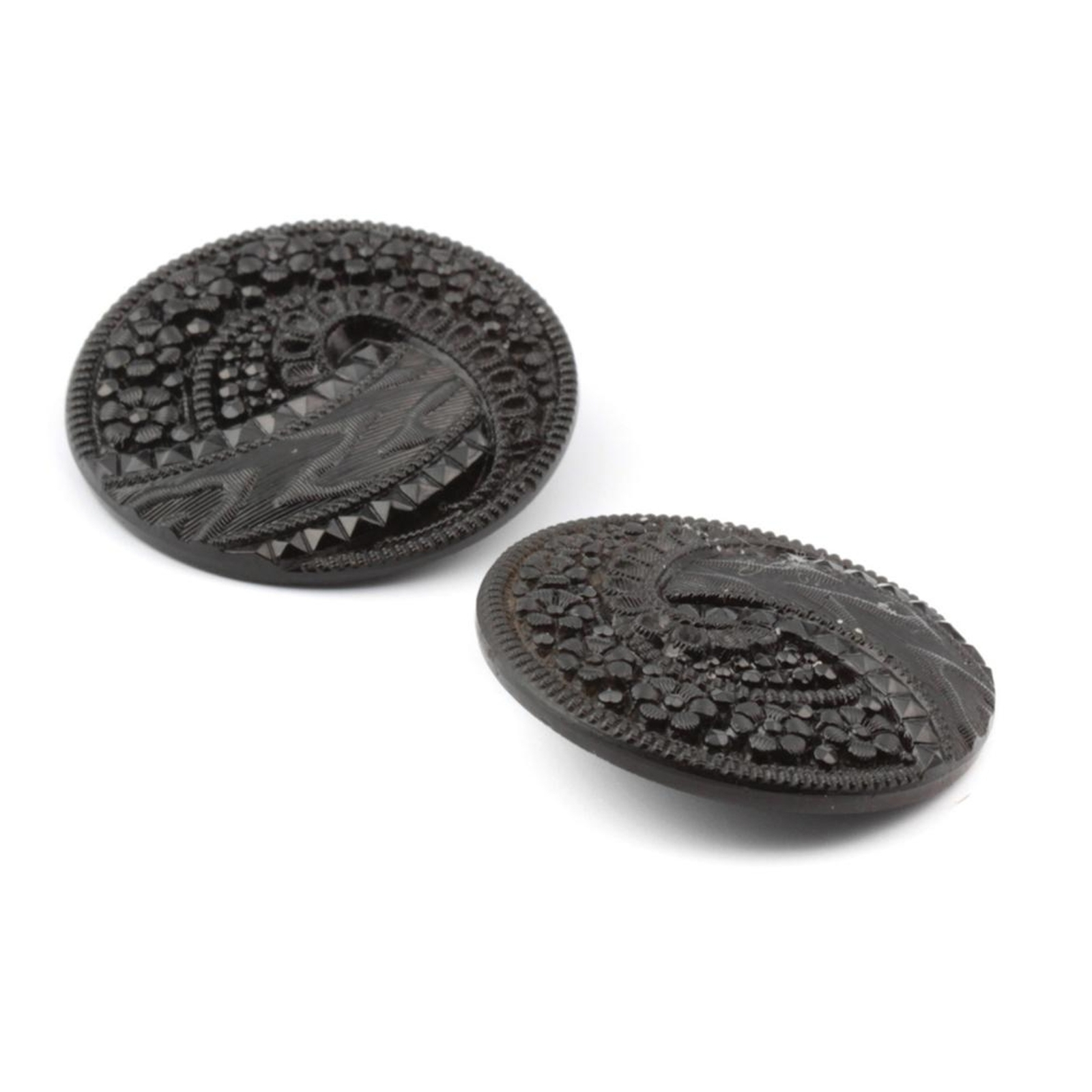 Lot (2) Antique Victorian Czech lacy floral black glass buttons 32mm