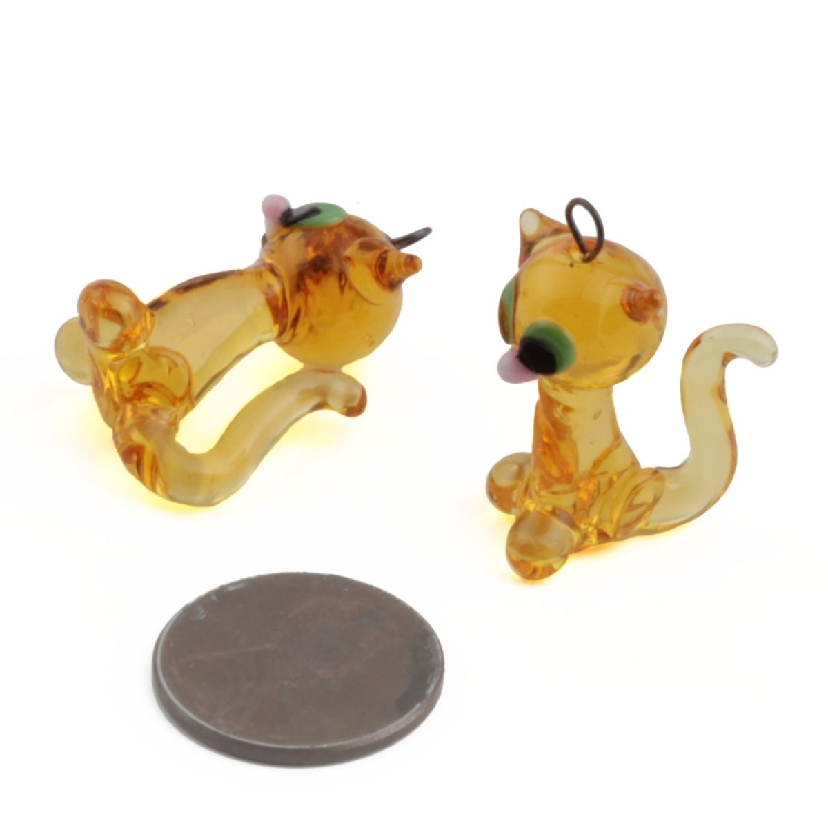 Lot (2) Czech lampwork glass amber topaz cat earring beads