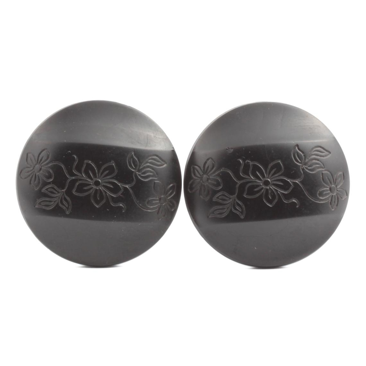 Lot (2) Antique Victorian Czech etched flower black glass buttons 27mm
