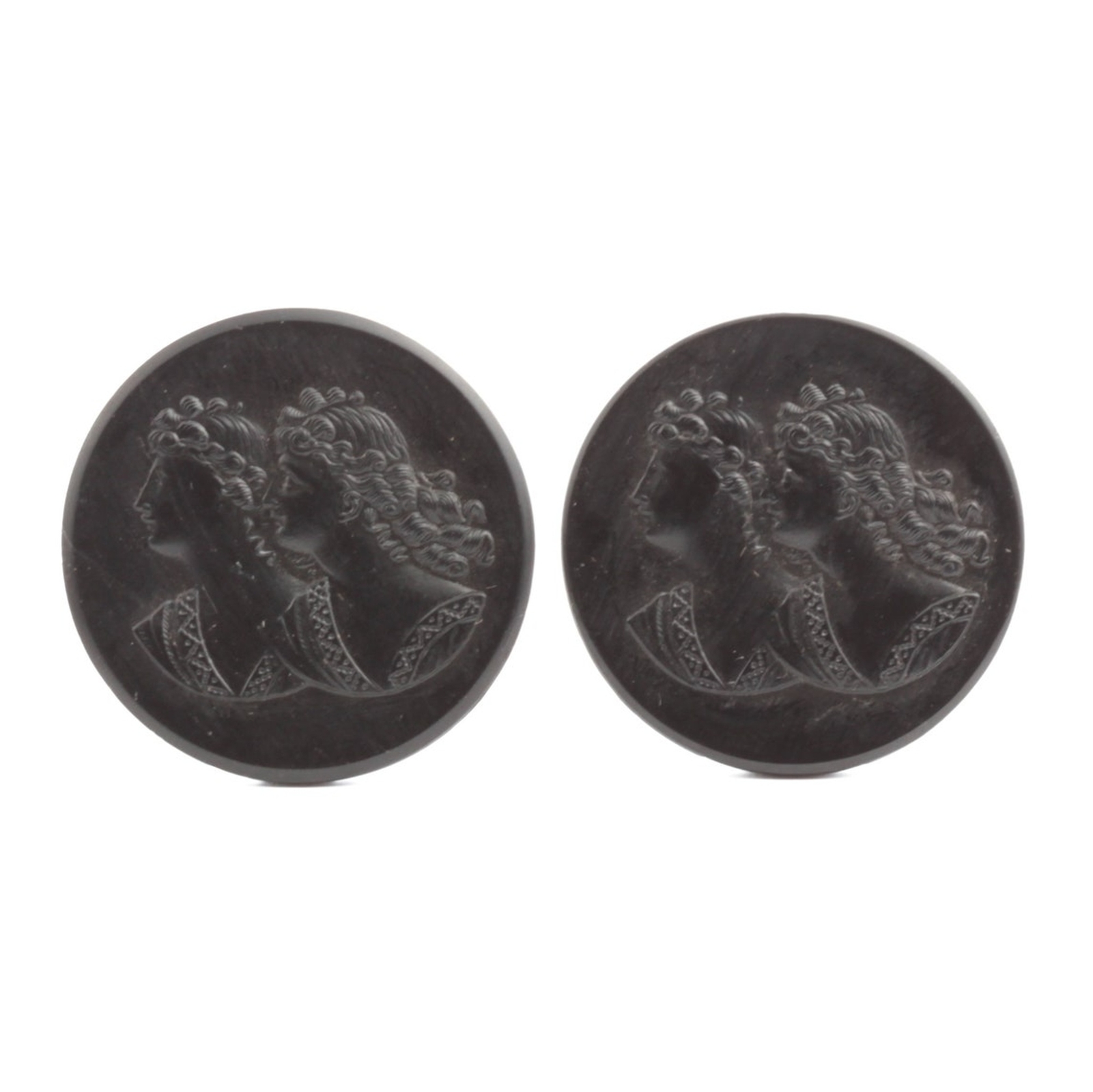 Lot (2) Rare antique Victorian Czech black cameo picture glass buttons 27mm