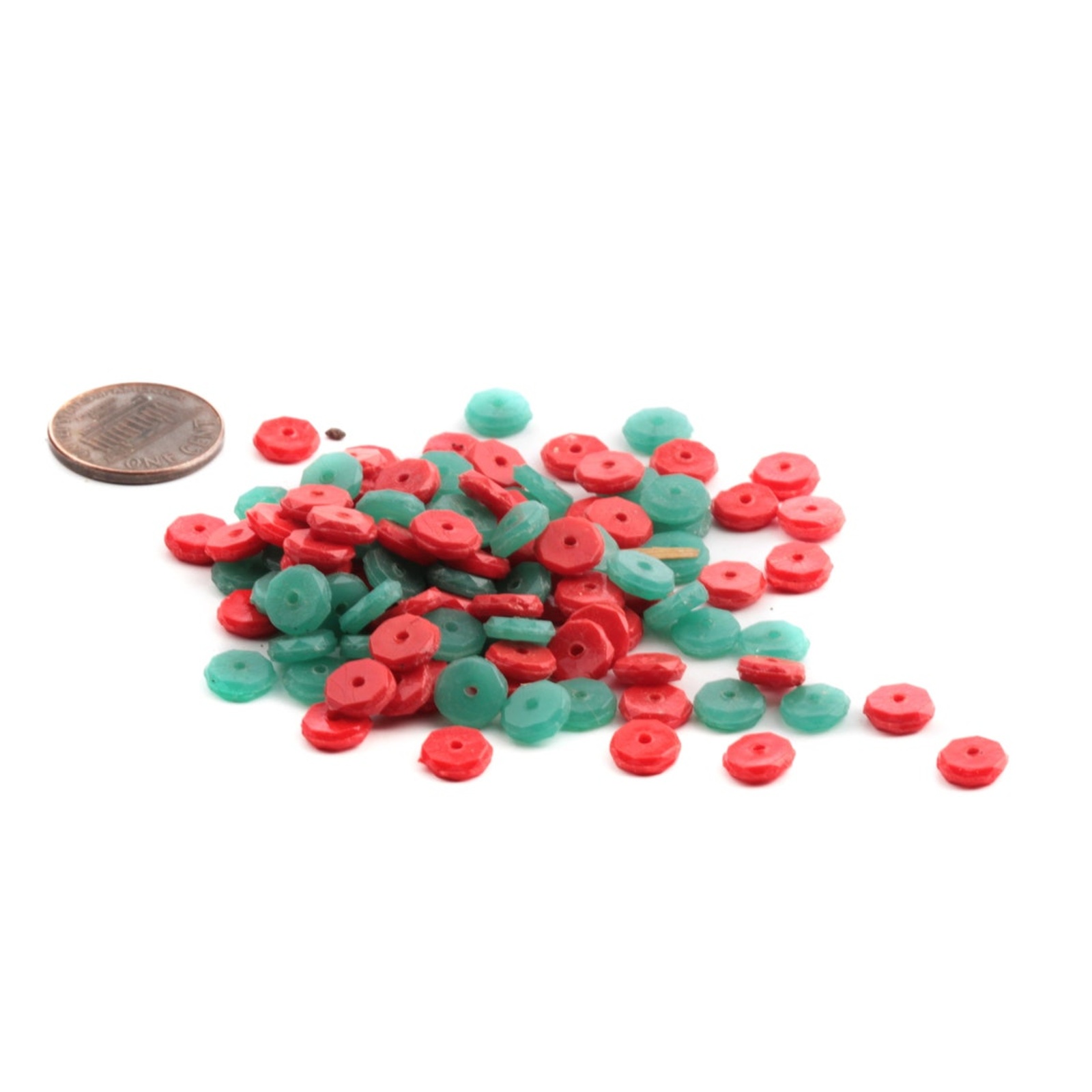 Lot (113) Czech antique red and chrysoprase green rondelle faceted glass beads 7mm