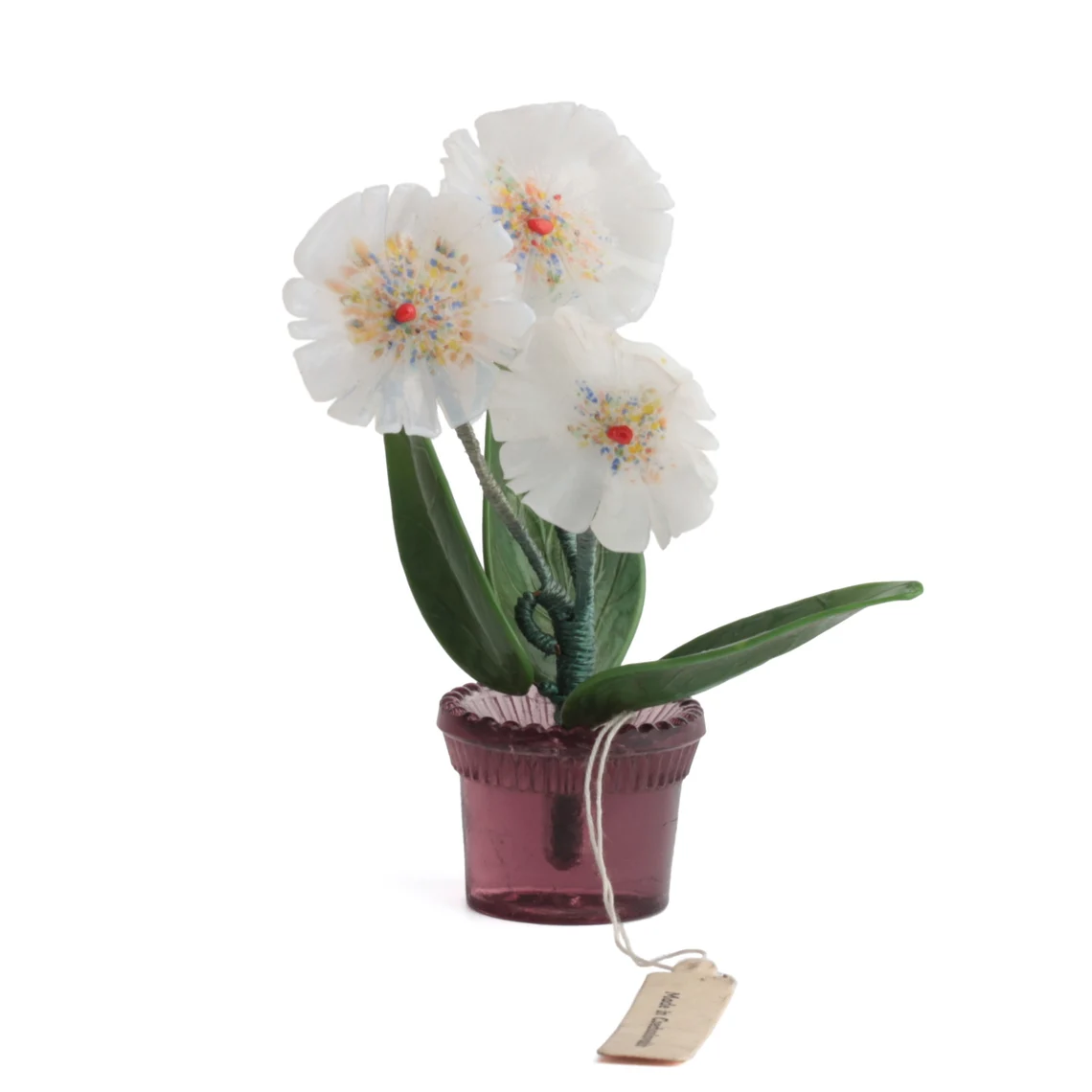 Vintage Czech miniature lampwork white glass flowers cranberry pink plant pot ornament
