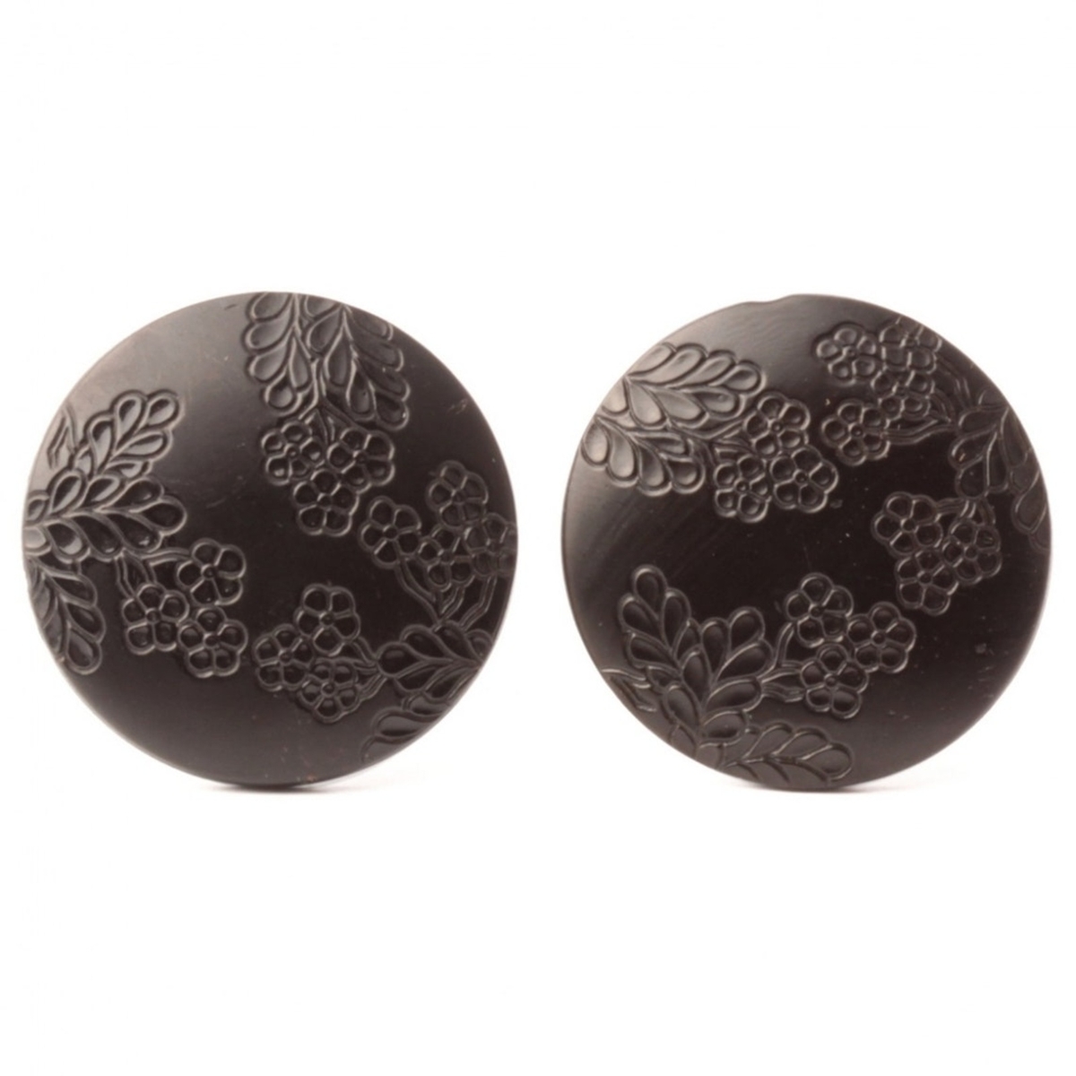 Lot (2) Antique Victorian Czech etched flower black glass buttons 27mm