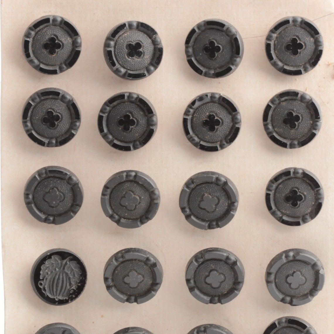 Card (24) antique Victorian Czech black glass buttons geometric fruit 4 leaf clover 16mm
