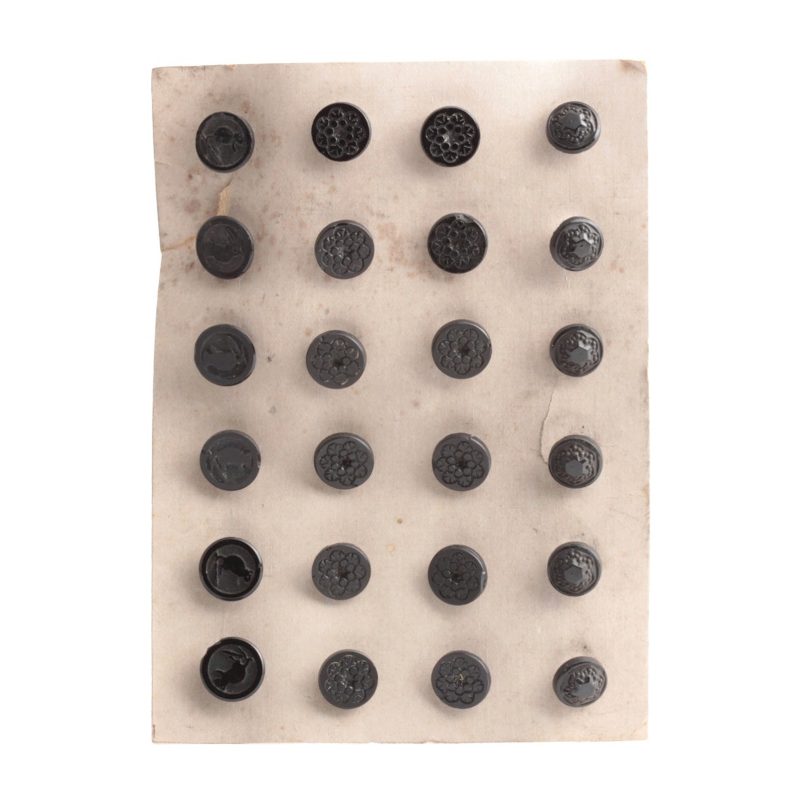 Card (24) antique Victorian Czech geometric floral and mouse dimi black glass buttons 10/12mm