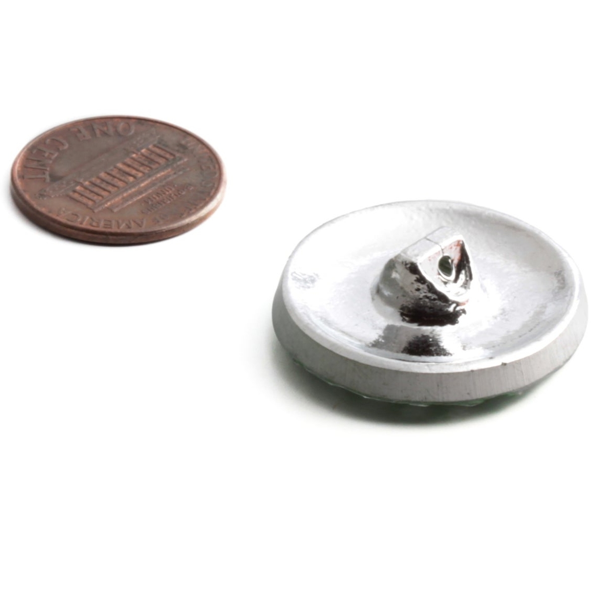 Vintage Czech abstract bumpy silver mirrored green glass button 27mm