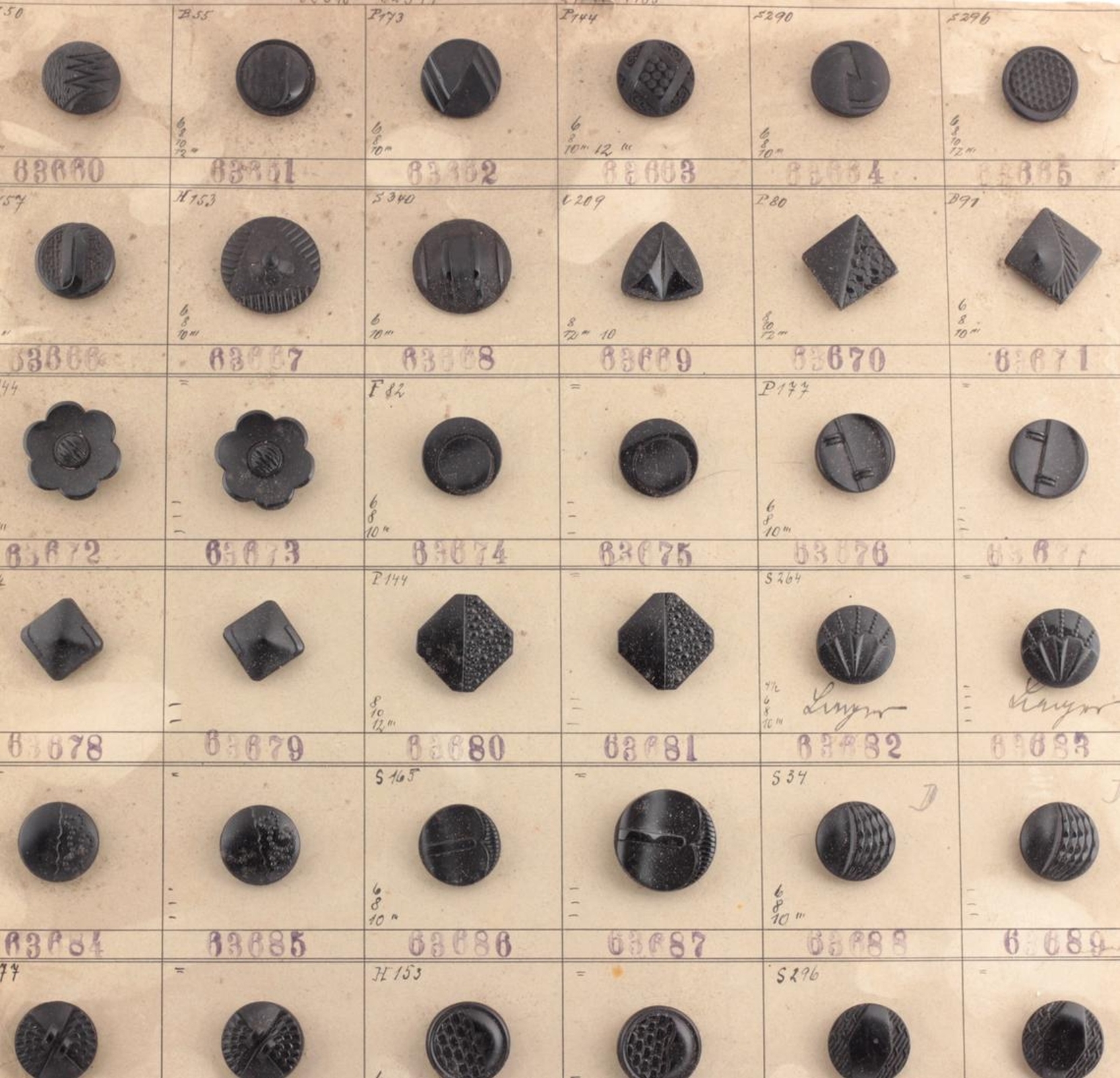 1935 sample card (60) Czech antique Art Deco geometric floral jet black glass buttons