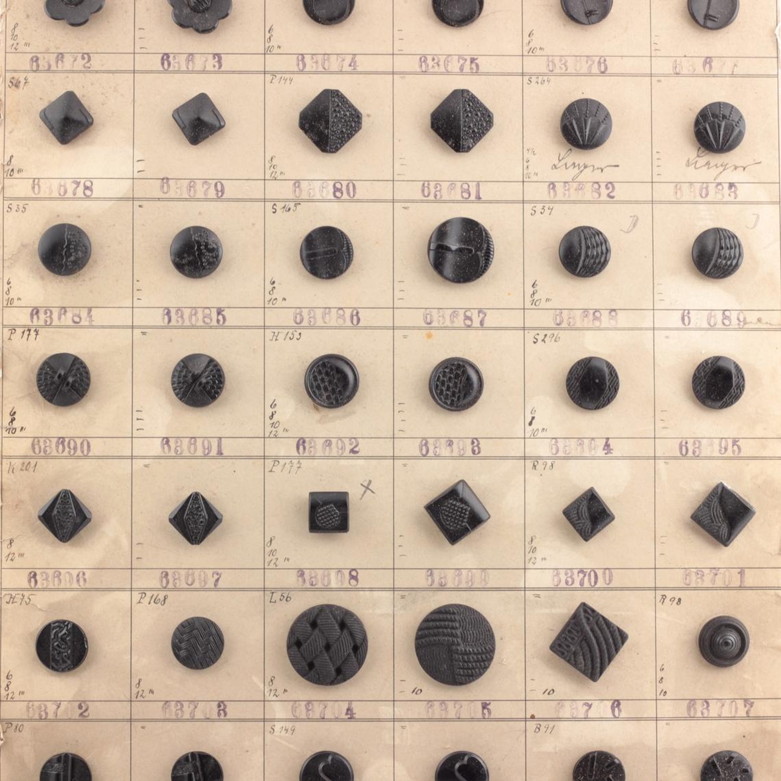 1935 sample card (60) Czech antique Art Deco geometric floral jet black glass buttons