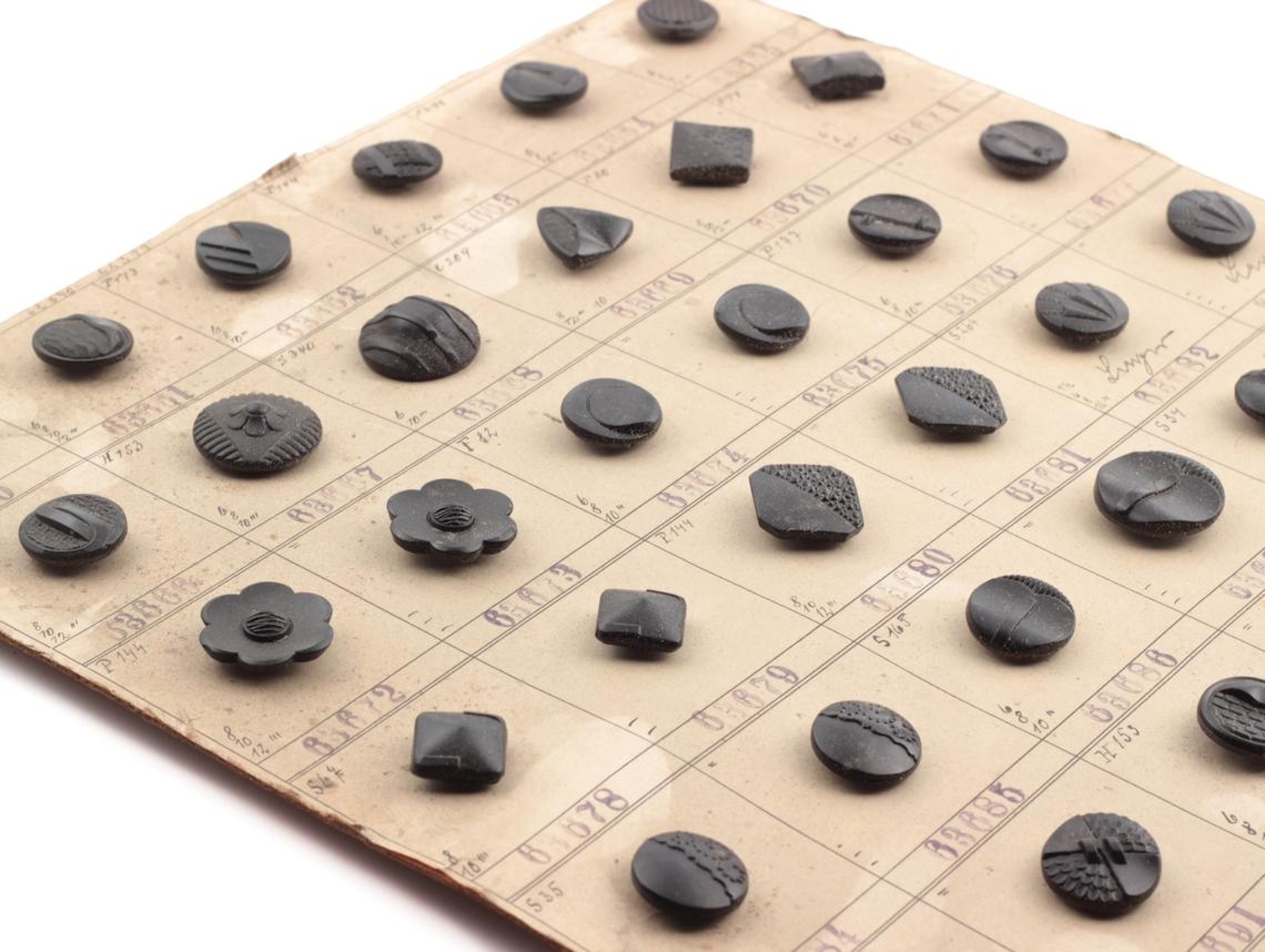 1935 sample card (60) Czech antique Art Deco geometric floral jet black glass buttons