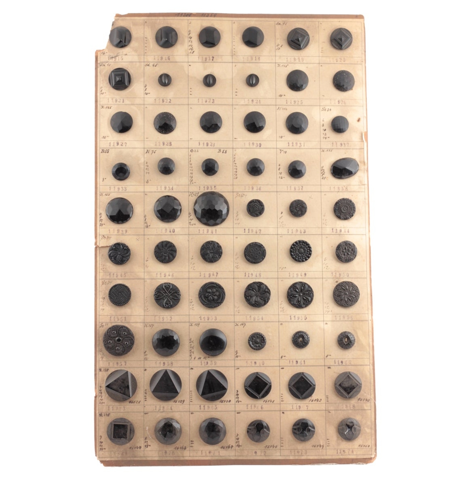 1920's sample card (60) Czech antique Art Deco jet black glass buttons