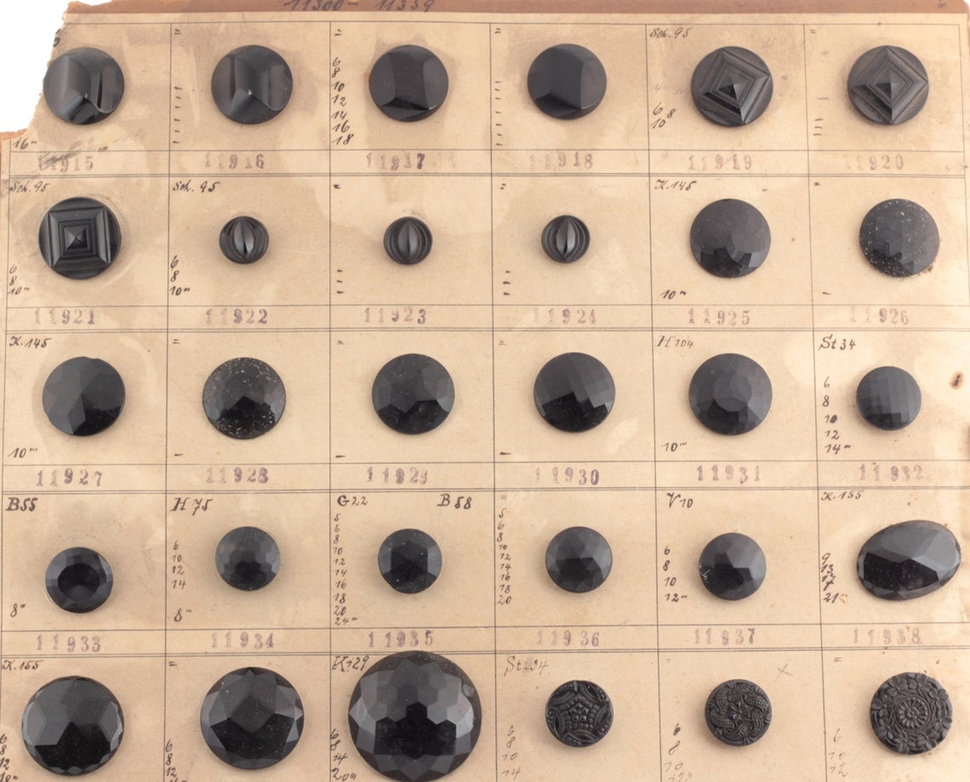 1920's sample card (60) Czech antique Art Deco jet black glass buttons