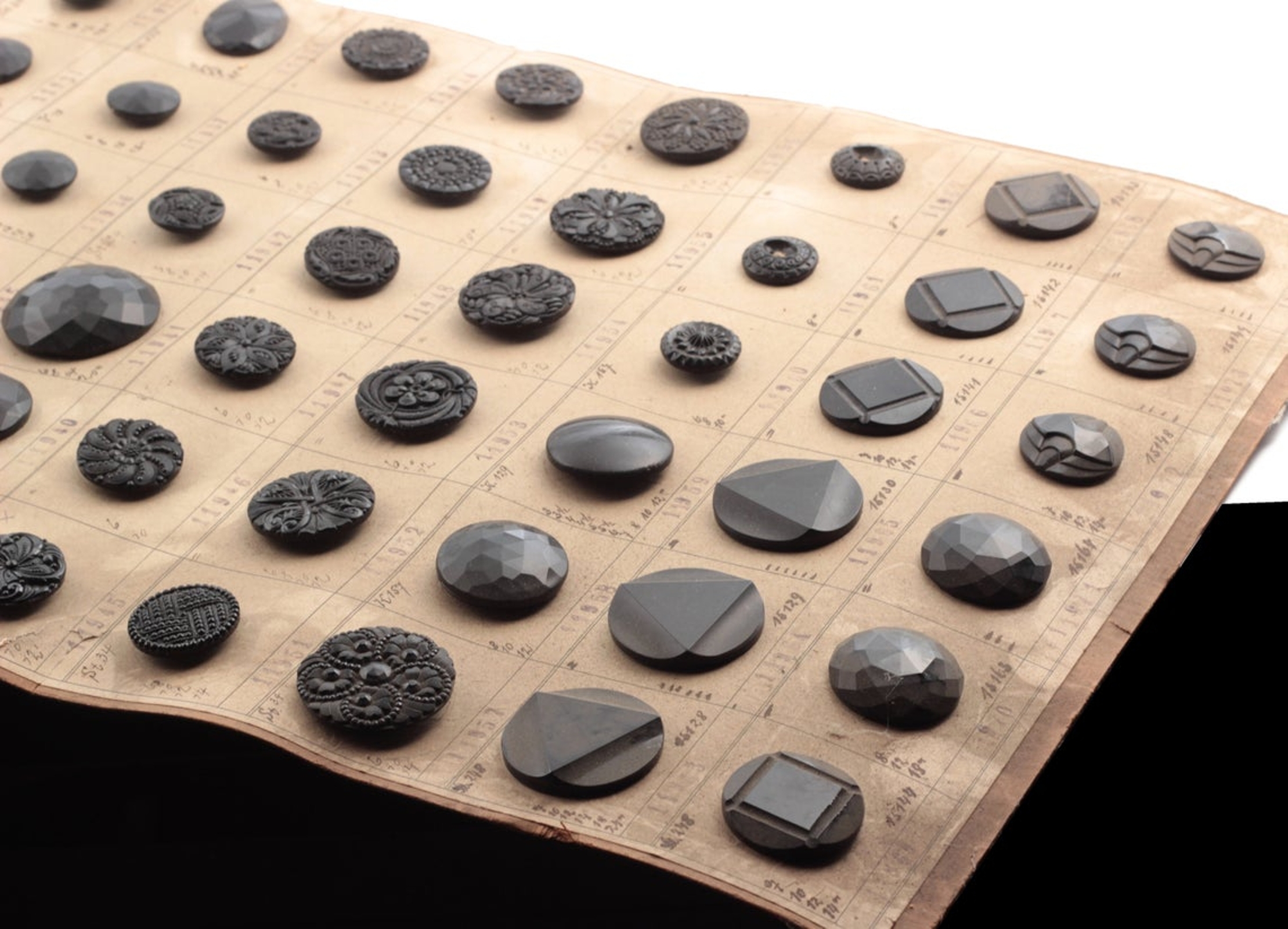 1920's sample card (60) Czech antique Art Deco jet black glass buttons