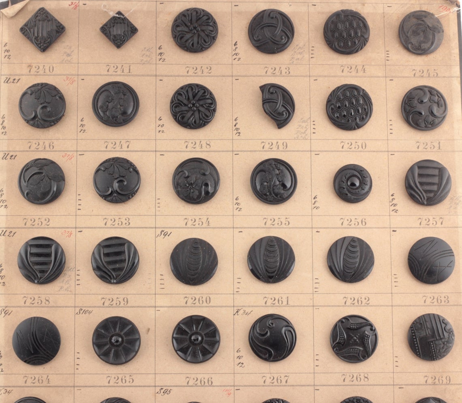 1900's sample card (59) Czech antique Victorian geometric floral jet black lacy marcasite glass buttons